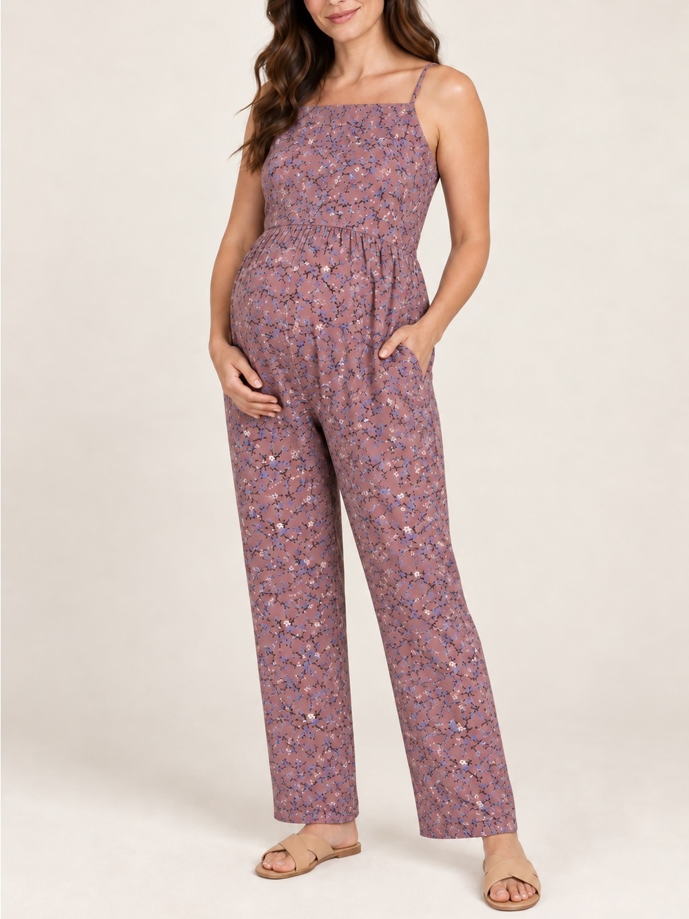 Smocked Strappy Maternity Jumpsuit in Dusty Mauve Floral